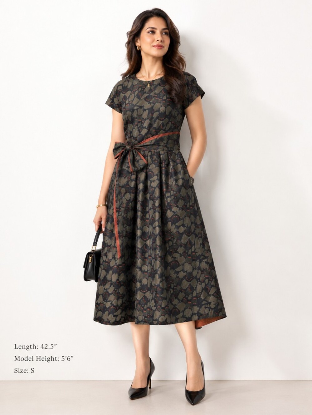 Vintage Dark Olive Abstract Midi Coctail Dress With Accent Tie
